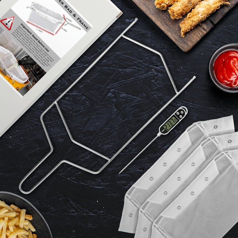 Willgoon Fryer Filter Bag & Frame Set, Reusable Oil Strainer for 70 lb Cooking Oil, Fine Mesh to Capture Crumbs, Durable for Home & Commercial Use, with 1 Professional Food Thermometer - Image 3